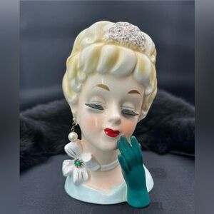 Vintage Enesco Imports Japan HeadVase / Planter Blonde Lady with Tiara And Bow